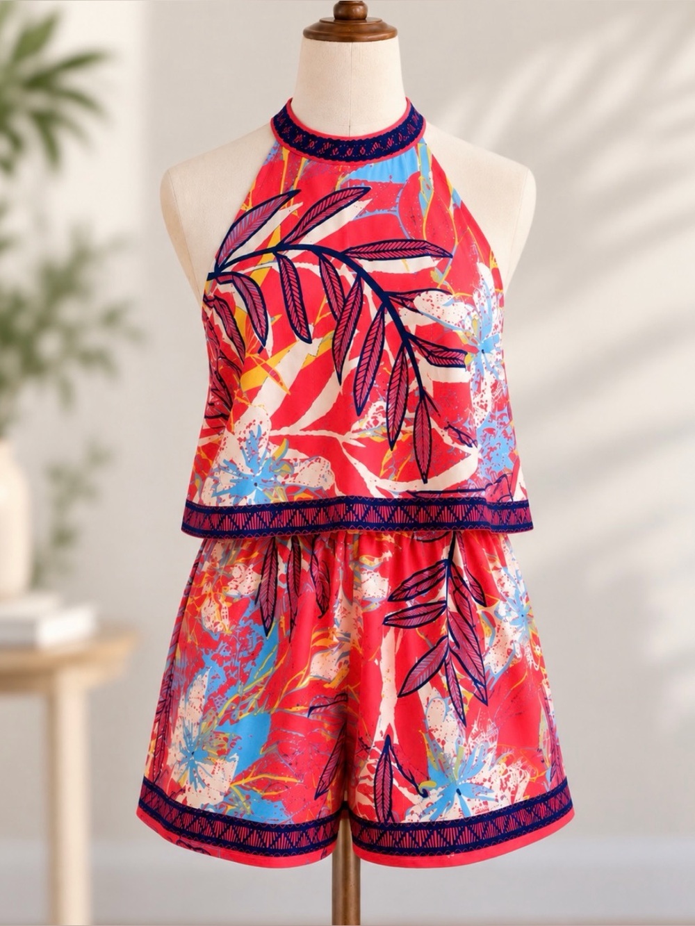 Flying Tomato Tropical Print Halter Romper XS Open Tie Back Resort Vacation